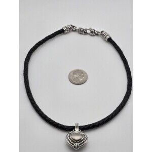 Judith Ripka Magnetic Black Leather Necklace Sterling Diamonique Heart Pendant